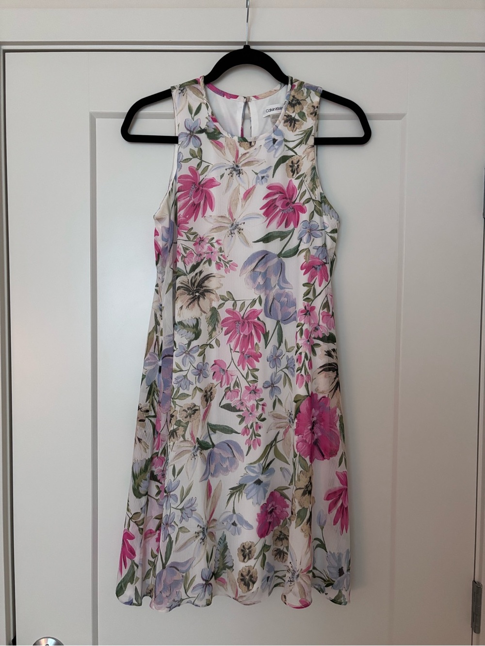 Calvin Klein White Floral Sleeveless Crepe A-Line Dress